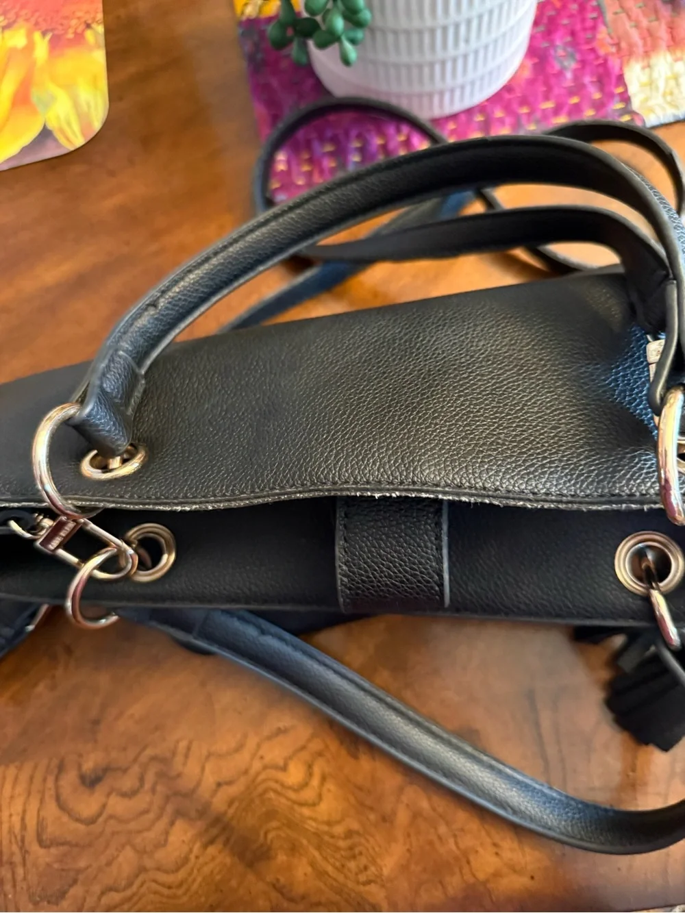 Anne Klein Black Pebbled Leather Shoulder Tote with Tassel